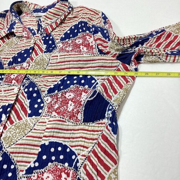 CJ Banks Colorful Patterned Blouse Crinkled Button Front Collar 1X Mid Sleeve - Picture 12 of 14